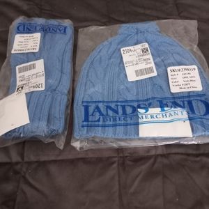 Brand New Lands' End Wool Blue Hat and Gloves Set